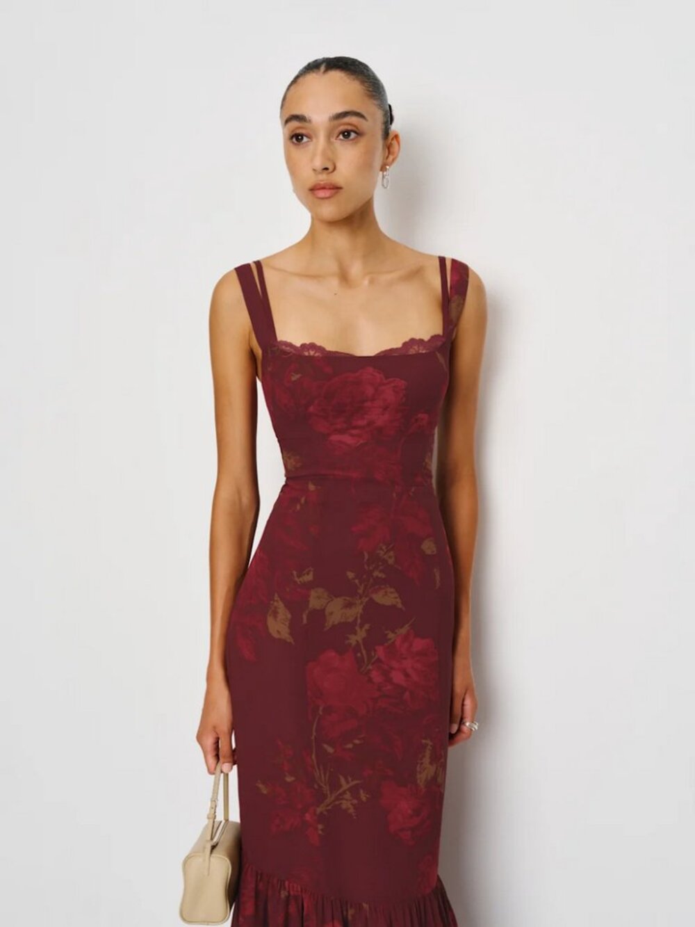 Reformation Irisa Dress Burgundy, Barcelona Border Floral, Dress NWOT size 6